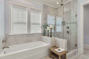 Bathtub, hair dryer, towels, soap
