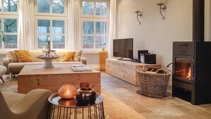 A cozy living room with a fireplace, a sofa, a coffee table, and a television. - Pet friendly home in Leende with house a panoramic view (Leende)
