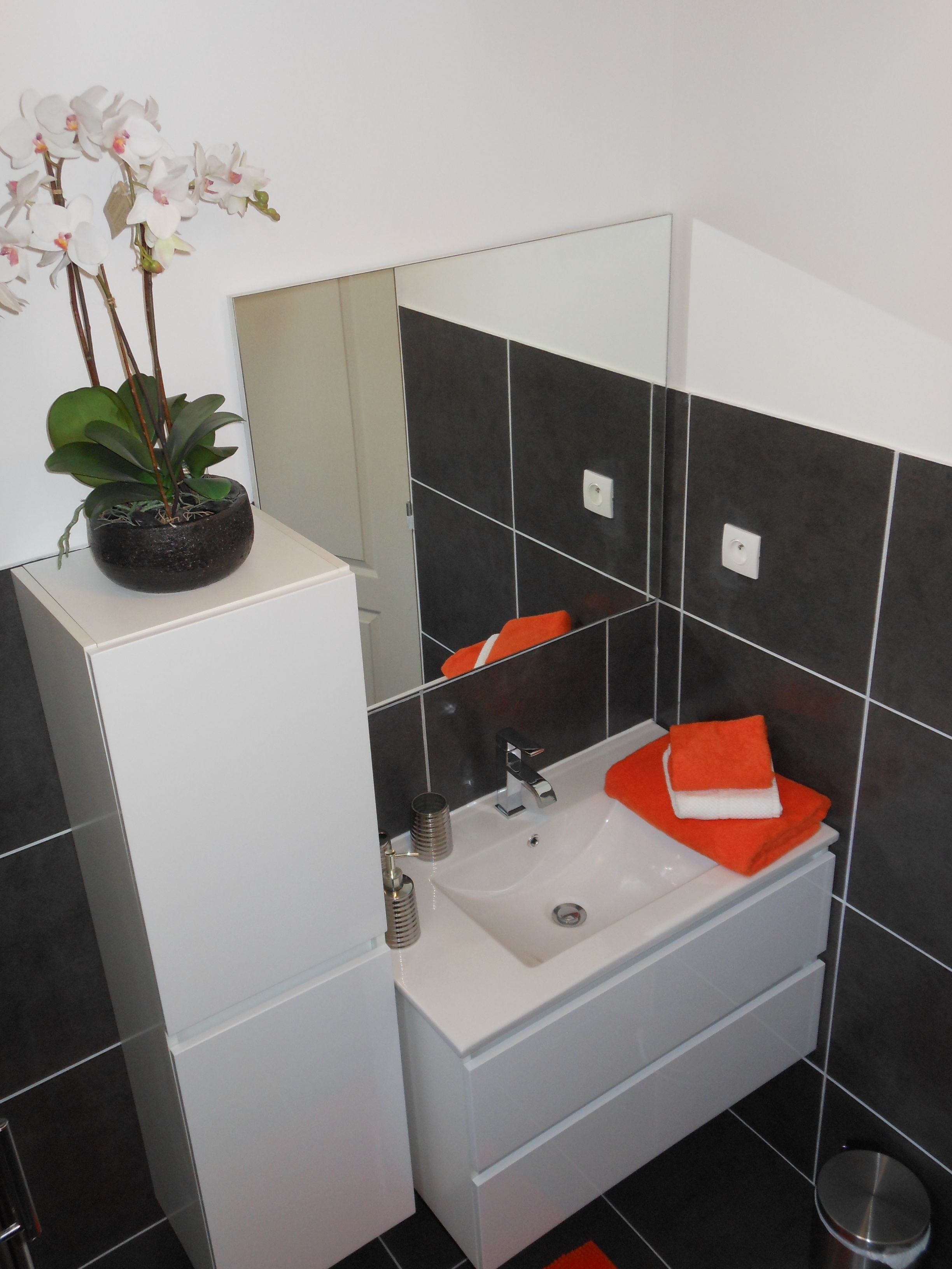 A modern bathroom with a white sink, black tiles, a potted orchid, and a red towel on the counter.