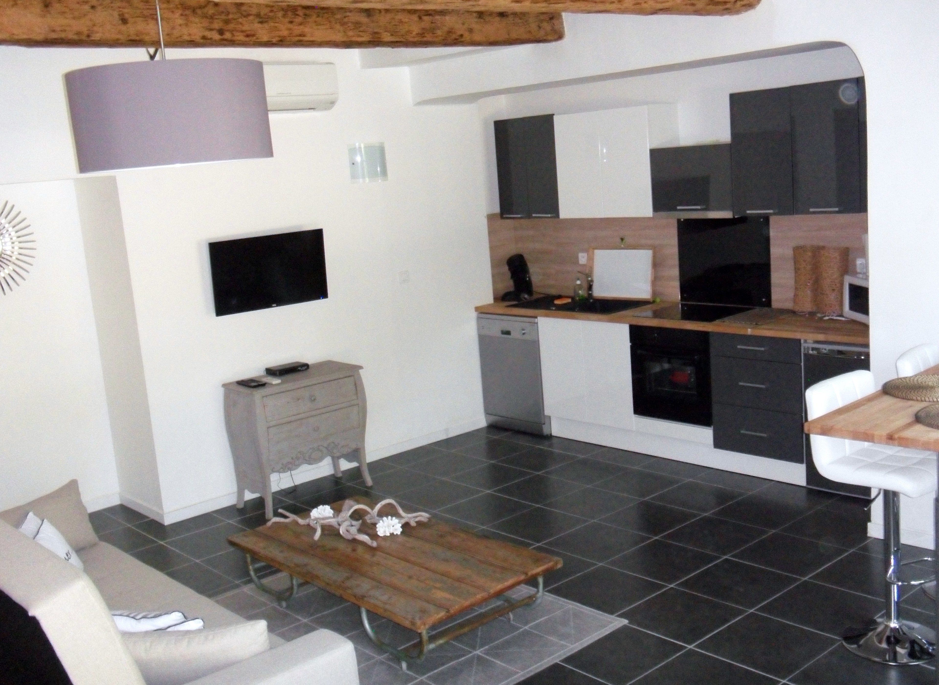 A compact living space with a kitchenette, a sofa, a coffee table, and a TV.