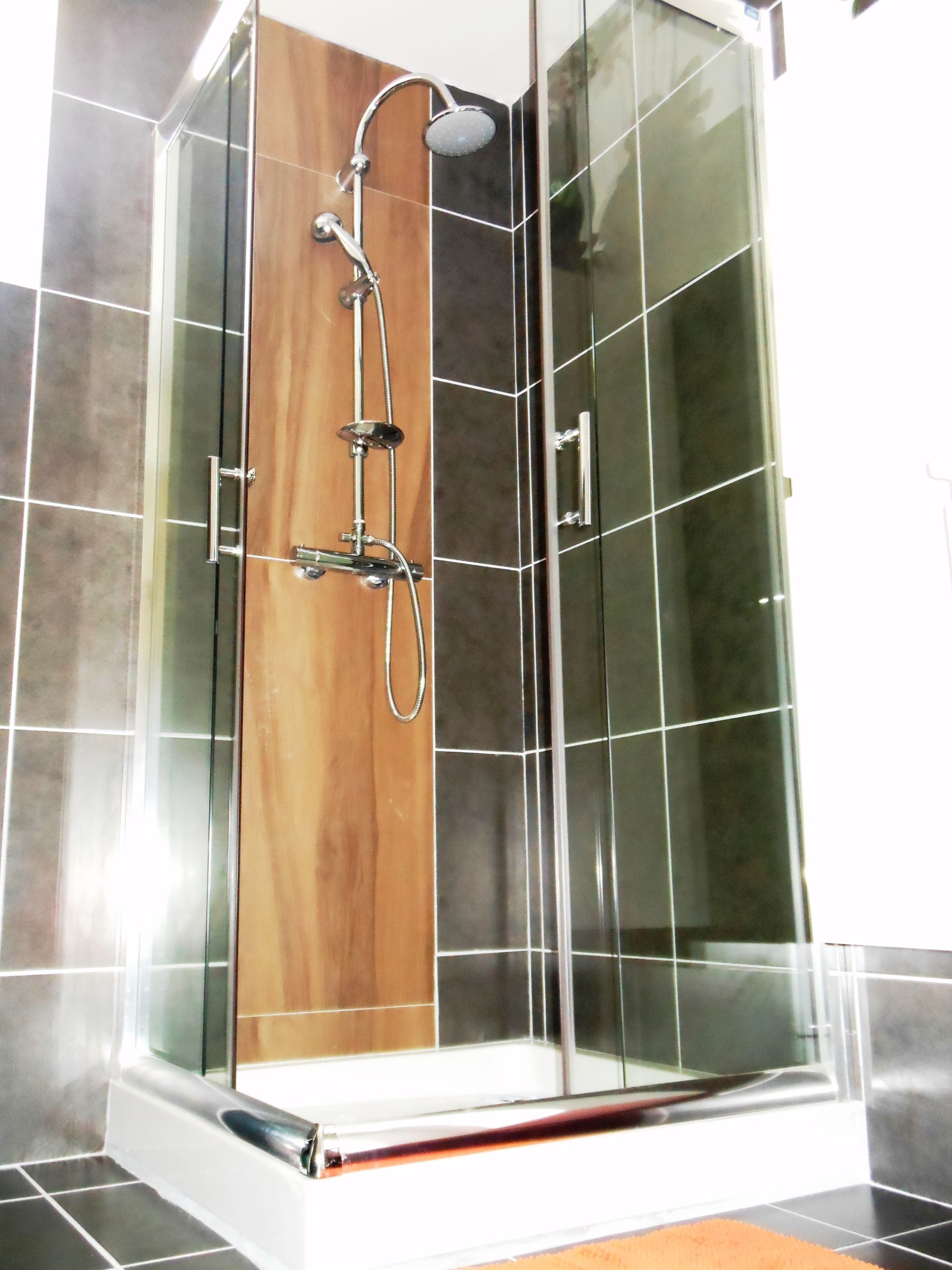 A glass-enclosed shower with a wooden panel and tiled walls.