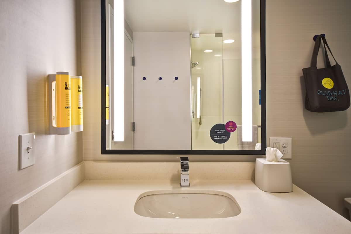 combined shower/bathtub, free toiletries, hair dryer, towels