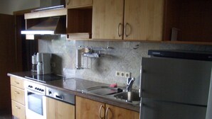 Una cocina con armarios de madera, un refrigerador de acero inoxidable, un lavamanos doble y un horno empotrado.