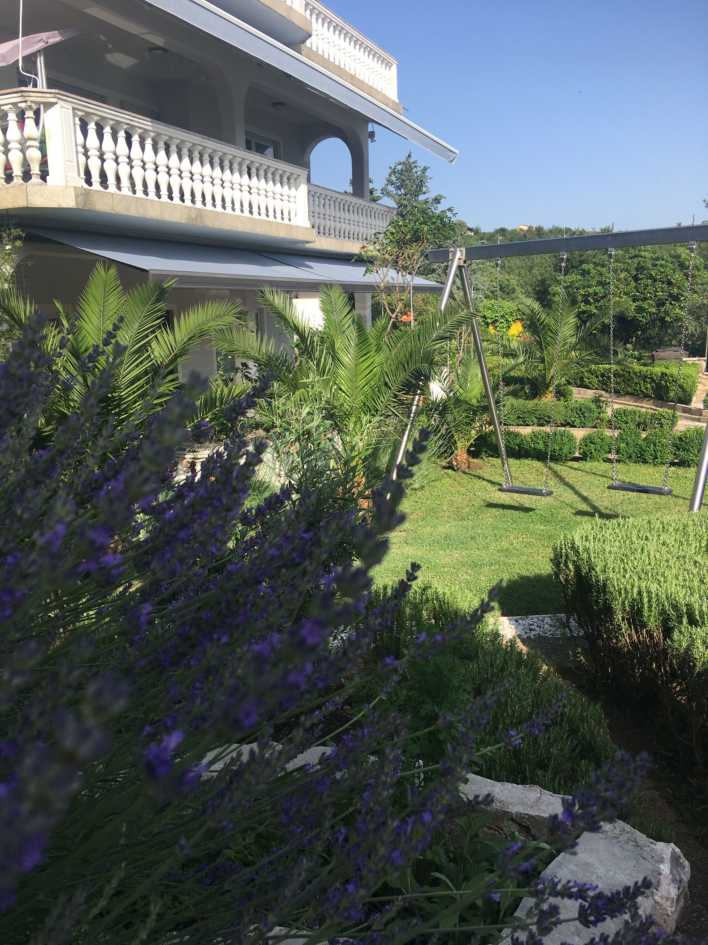A garden with lavender and palm trees, a swing set, and a building with a balcony.