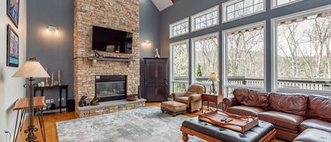 Smart TV, fireplace, DVD player, foosball