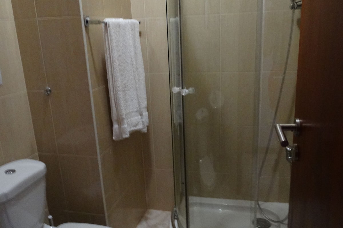 Separate tub and shower, free toiletries, hair dryer, towels