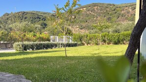 Un camí de pedra que condueix a una zona verda amb un arbre i una vista de paisatge amb turons al fons.