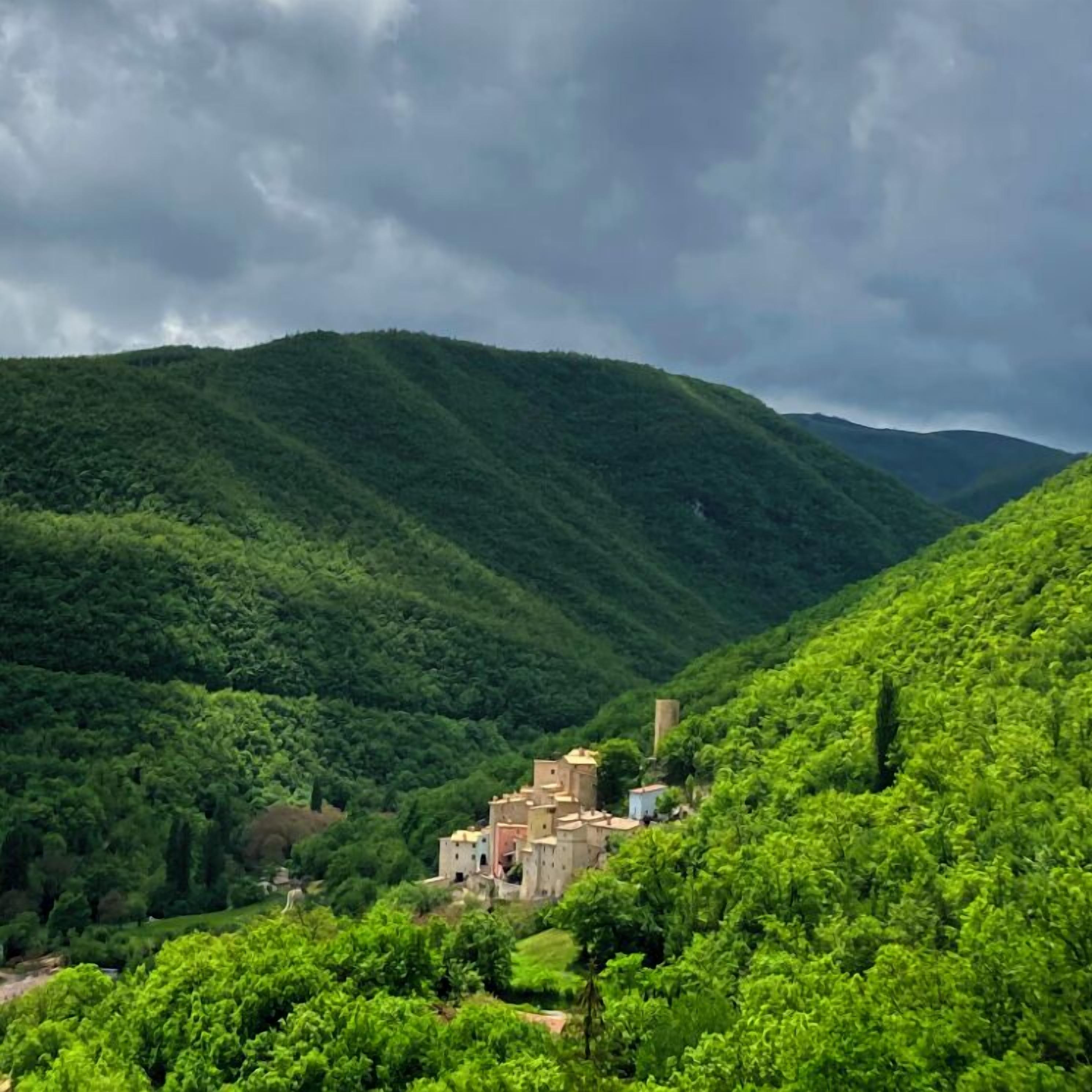 Ein malerisches Bergdorf mit traditionellen Häusern, eingebettet in üppiges Grün.