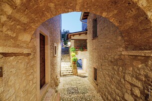 Un estrecho sendero de piedra conduce a la entrada de un edificio con una puerta de madera y un pequeño jardín con plantas en macetas.