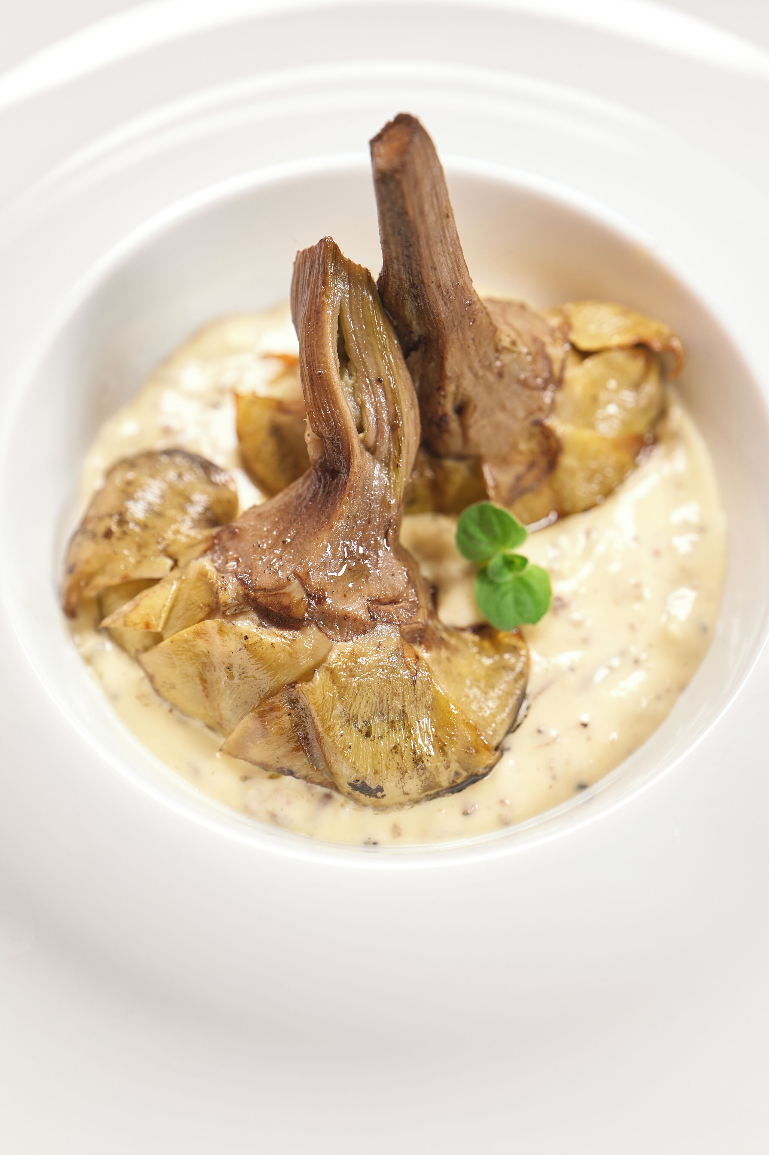 A dish with lamb chops and artichokes in a creamy sauce, garnished with a leaf.