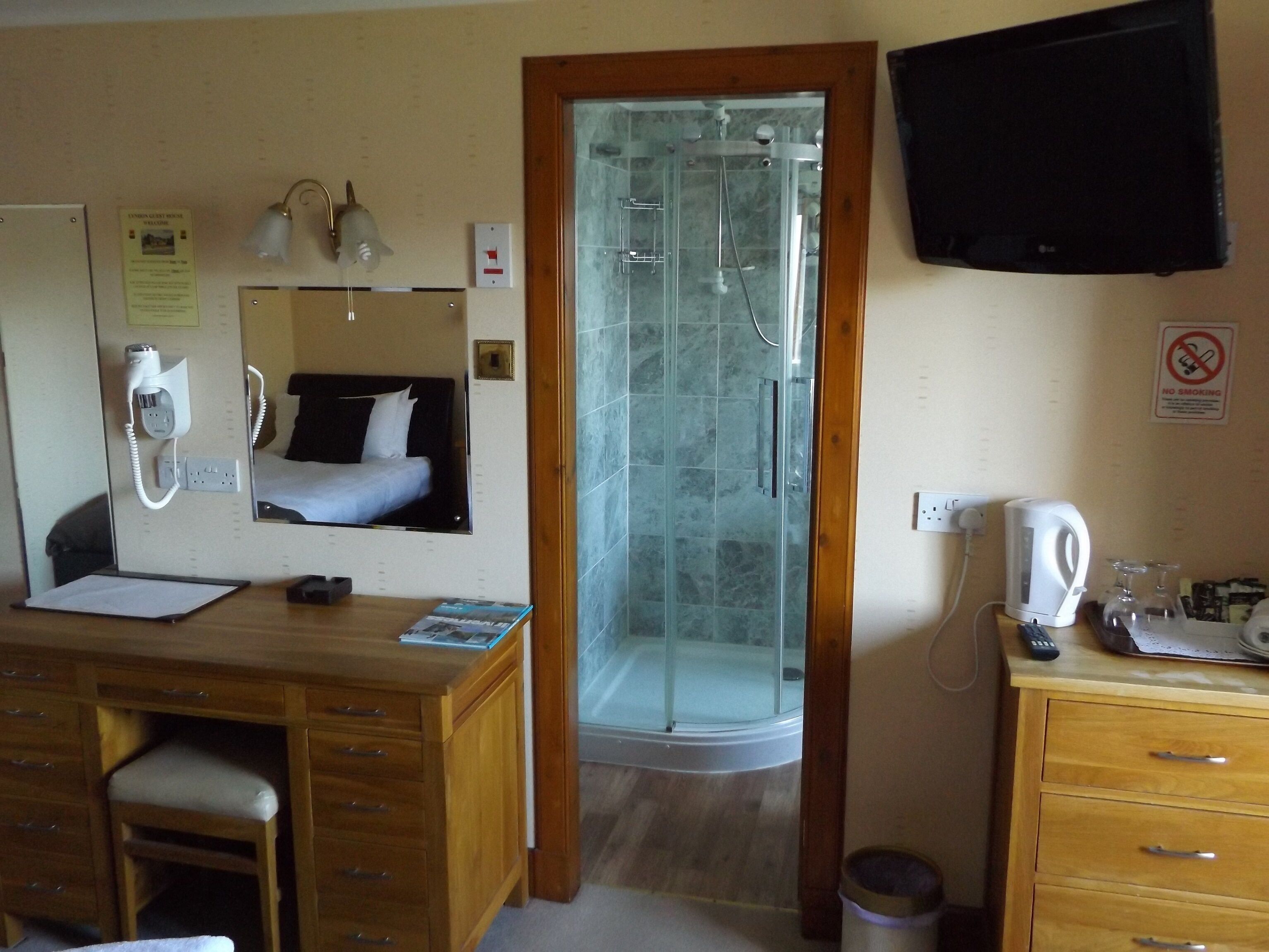 Ein Hotelzimmer mit Schreibtisch aus Holz, einem Spiegel, einem Bett, einer Dusche und einem Fernseher.