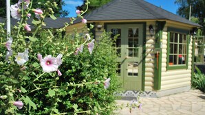 Une cabane en rondins avec un sentier de pierres menant à l’entrée, entourée de verdure et de fleurs.