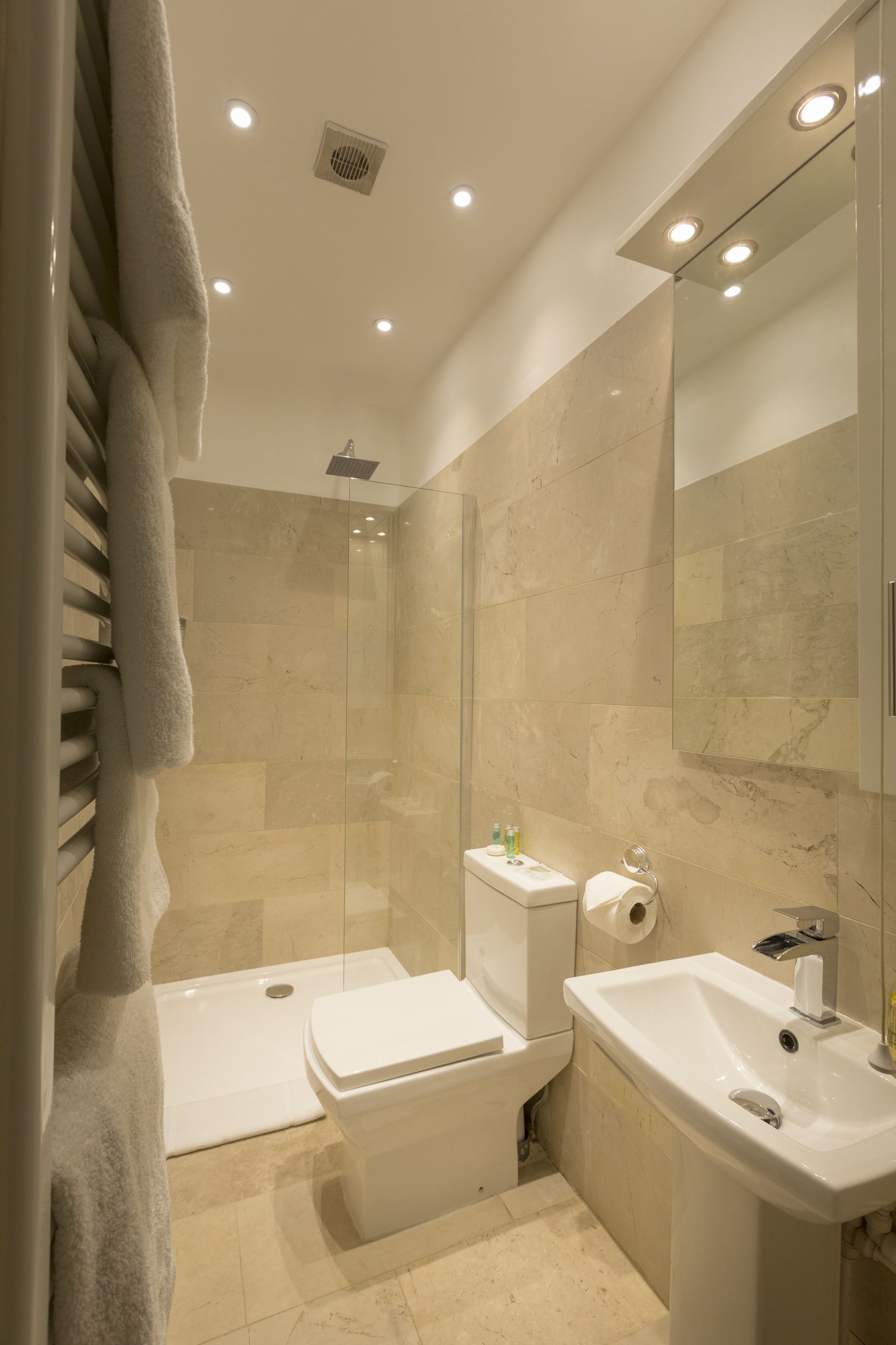 A modern bathroom with a glass-enclosed shower, a toilet, a sink, and a mirror.