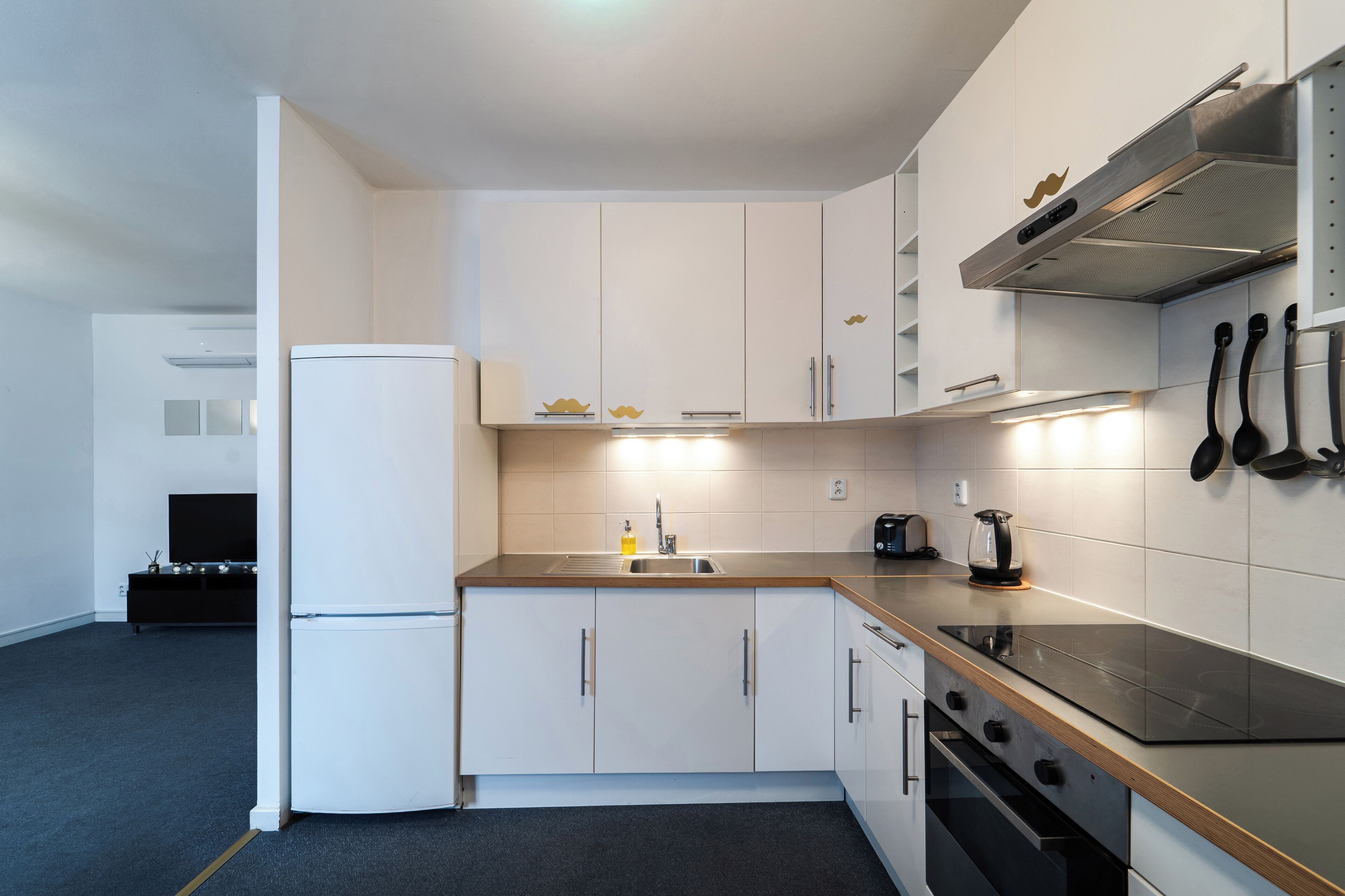 Deluxe-huoneisto, 1 makuuhuone, ilmastointi | Yksityinen keittiö | Jääkaappi, mikroaaltouuni, uuni, liesi