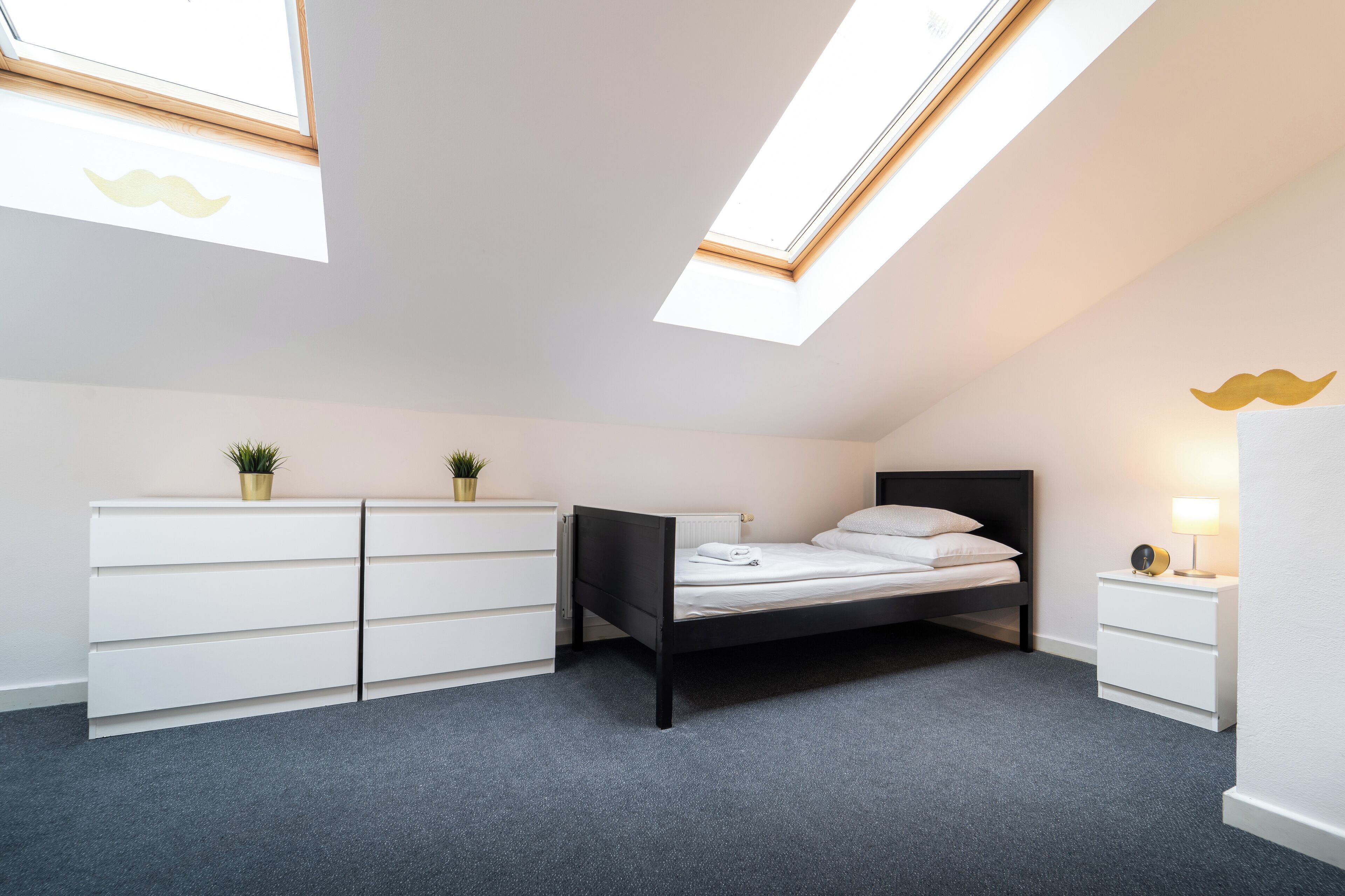 A bedroom with a skylight, a bed, a nightstand, a dresser, and two small plants.