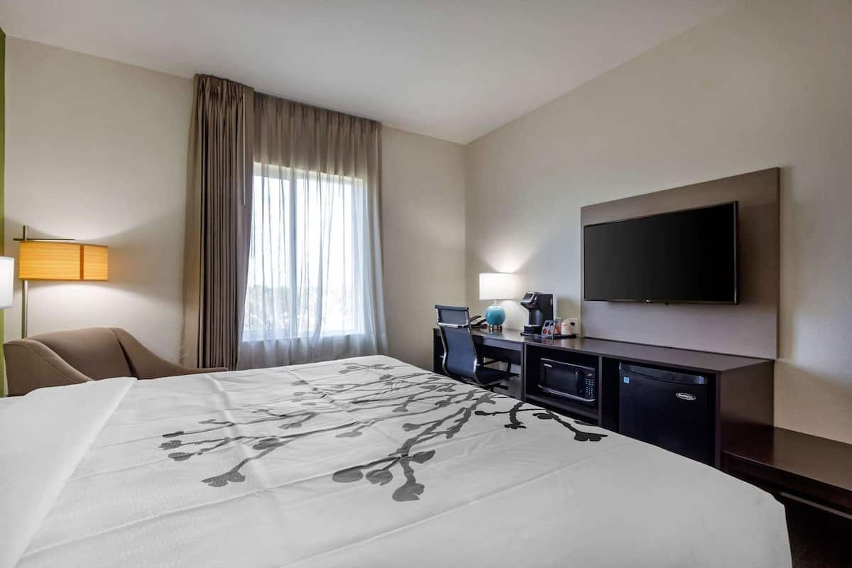 A hotel room with a large bed, a desk with a computer, a TV, and a window with curtains.