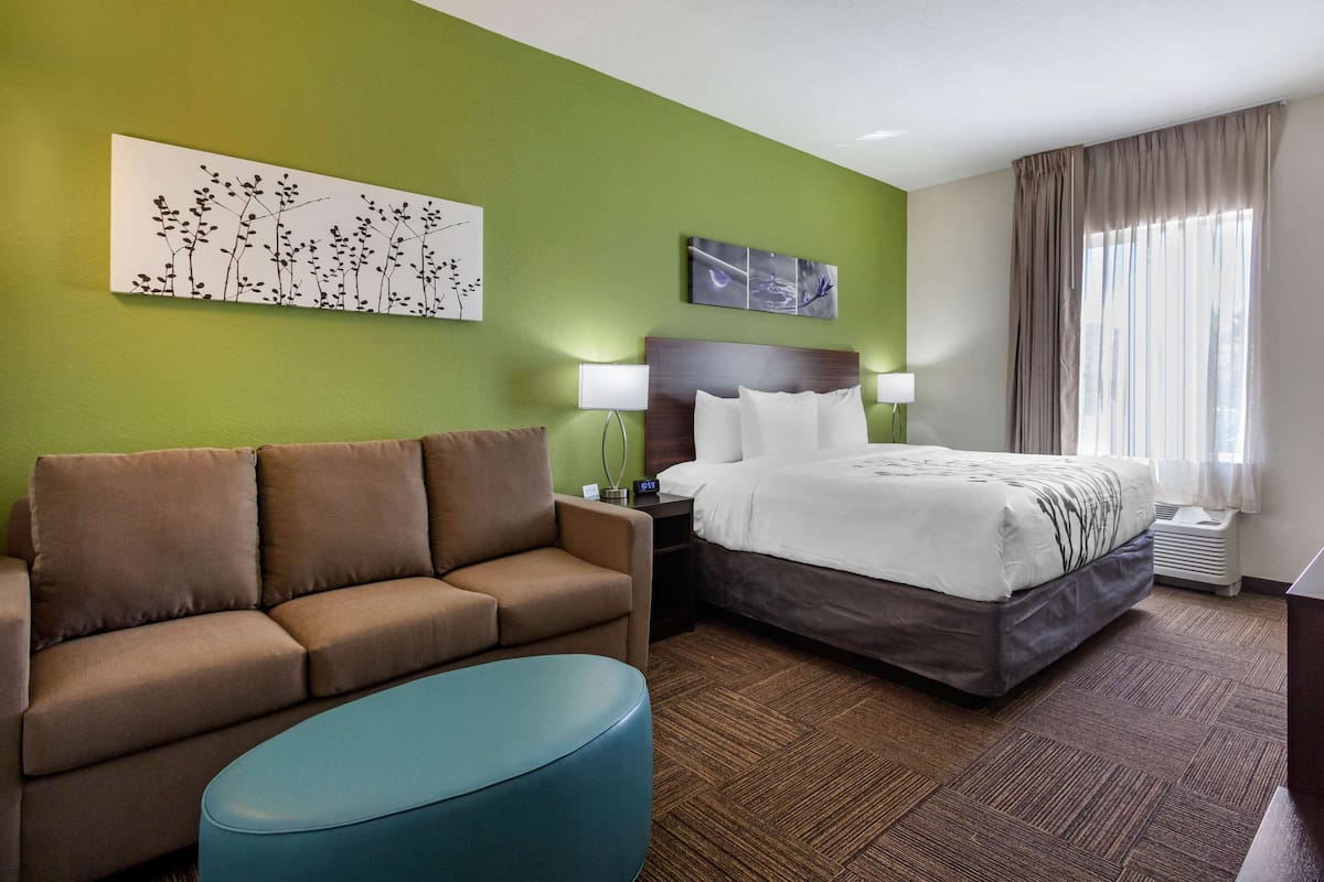 A hotel room with a green wall, a bed with white bedding, a brown sofa, a blue ottoman, and a painting of branches.