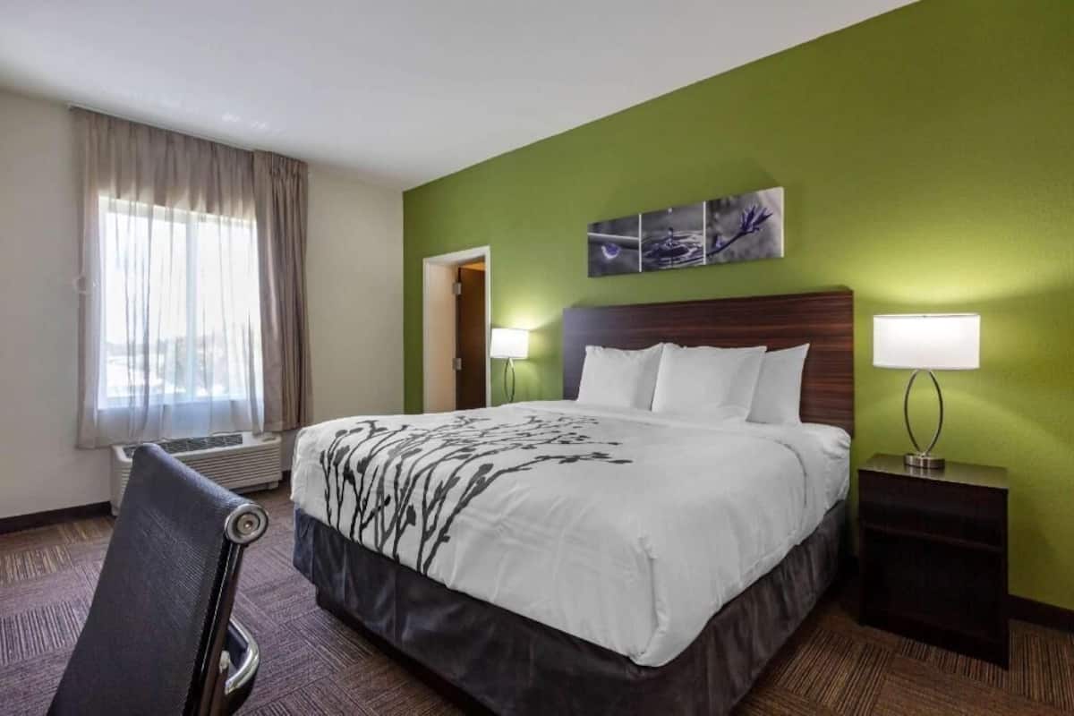 A hotel room with a large bed, two bedside lamps, a headboard, a window with curtains, and a wall-mounted artwork.