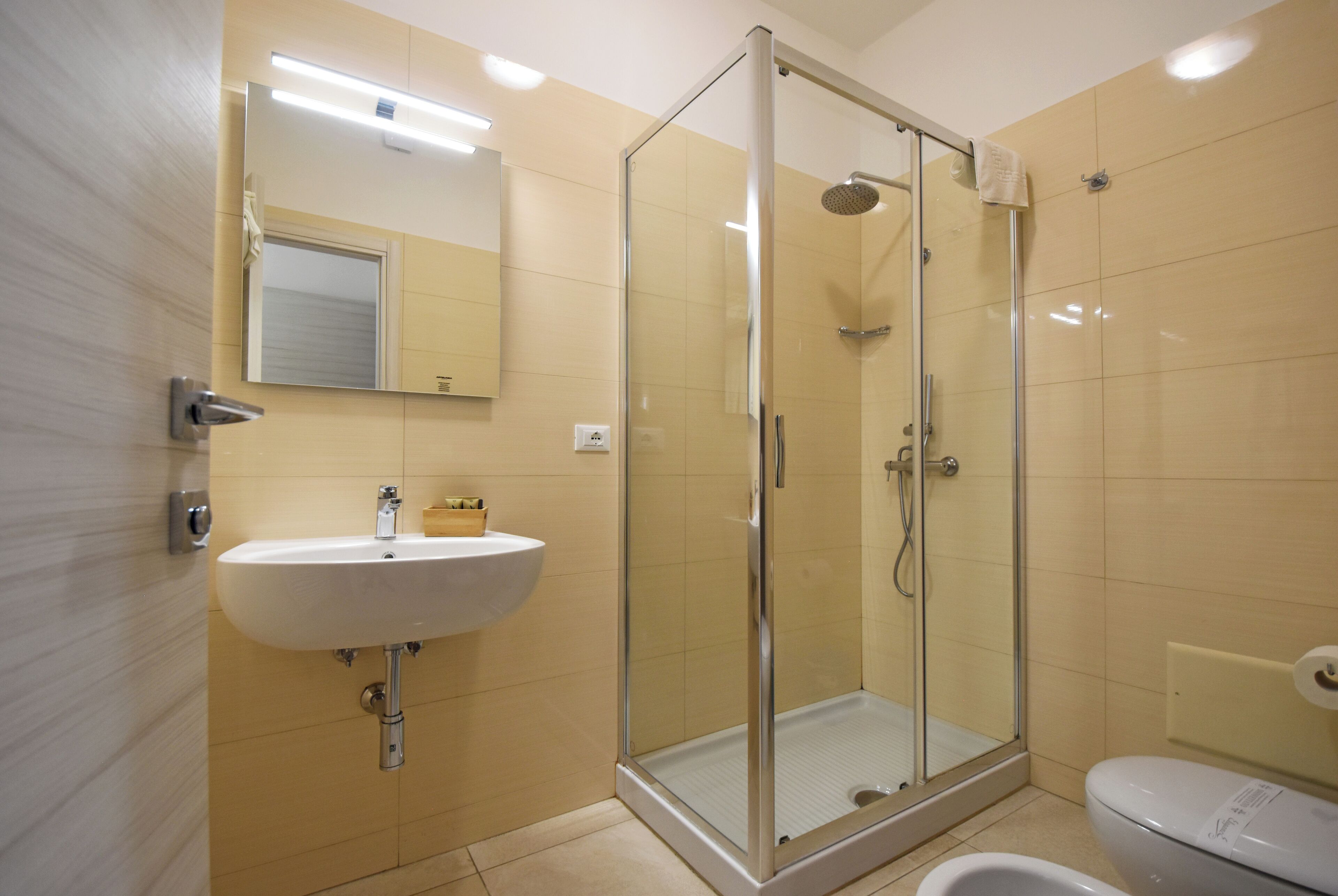 A modern bathroom with a glass-enclosed shower, a sink, and a toilet.