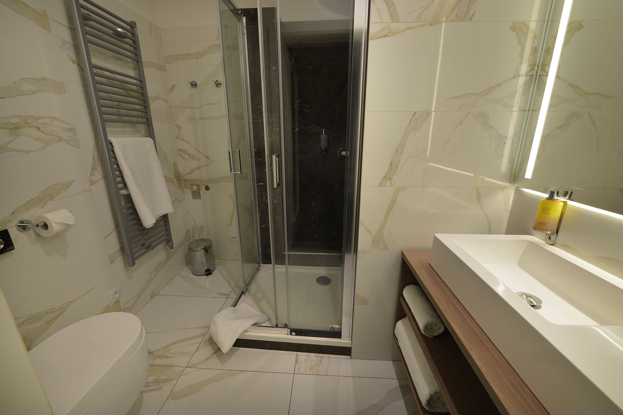 A bathroom with a glass-enclosed shower, a white toilet, and a sink with a mirror.