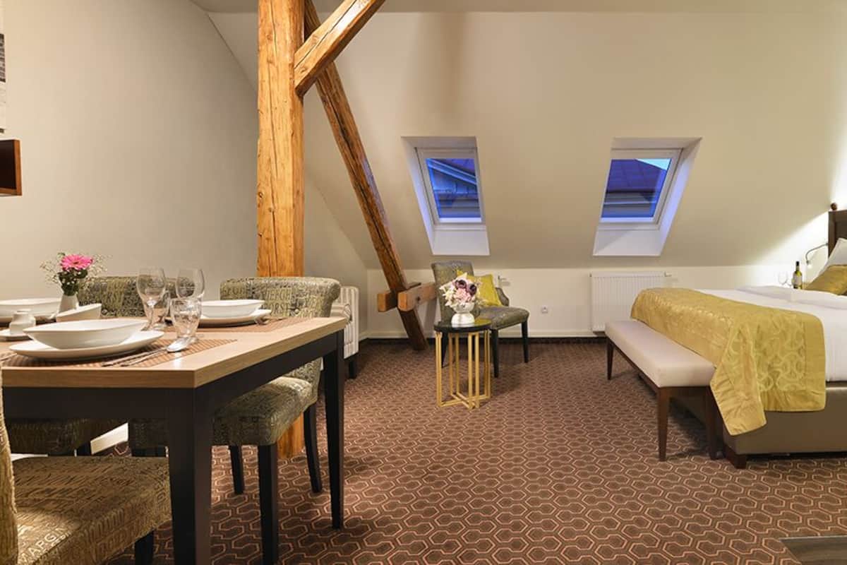 A bedroom with a bed, a desk, and two skylights.