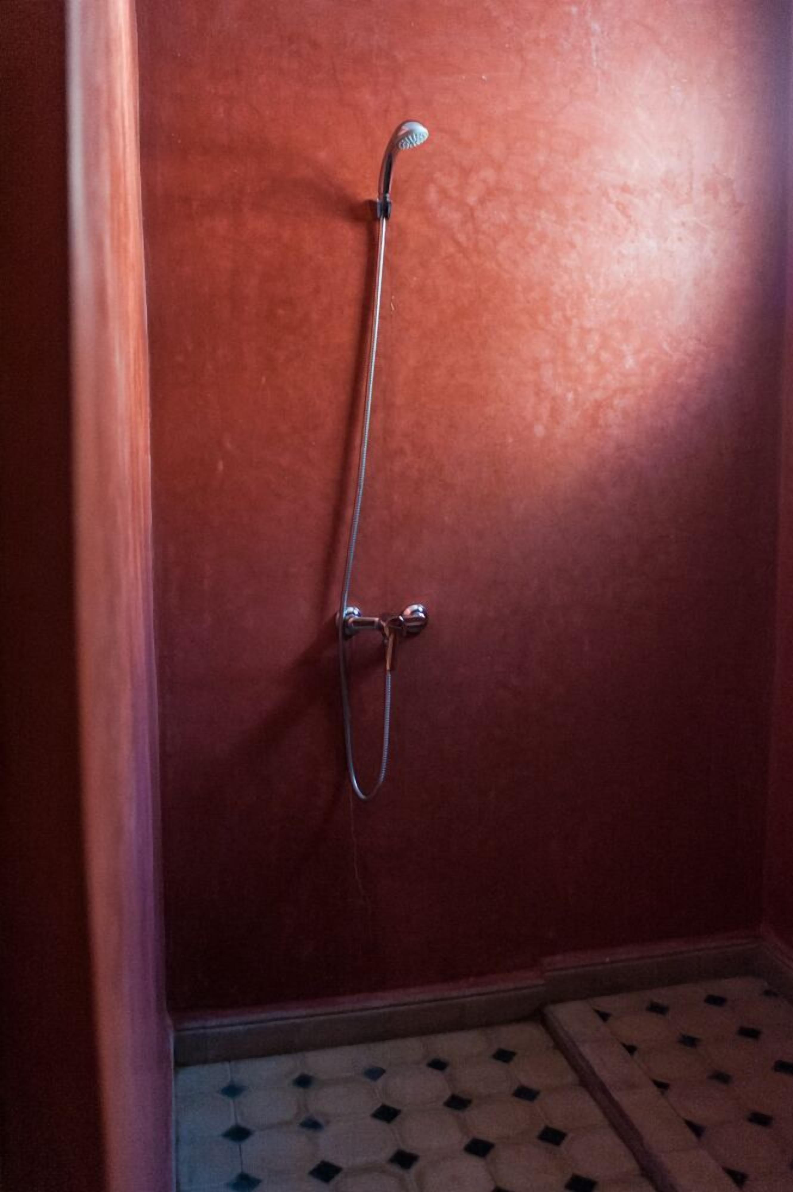 A shower with a handheld hose in a bathroom with a tiled floor.