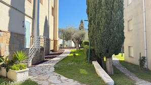 Un camí de pedra que condueix a un edifici amb una escala metàl·lica i un alt pi.