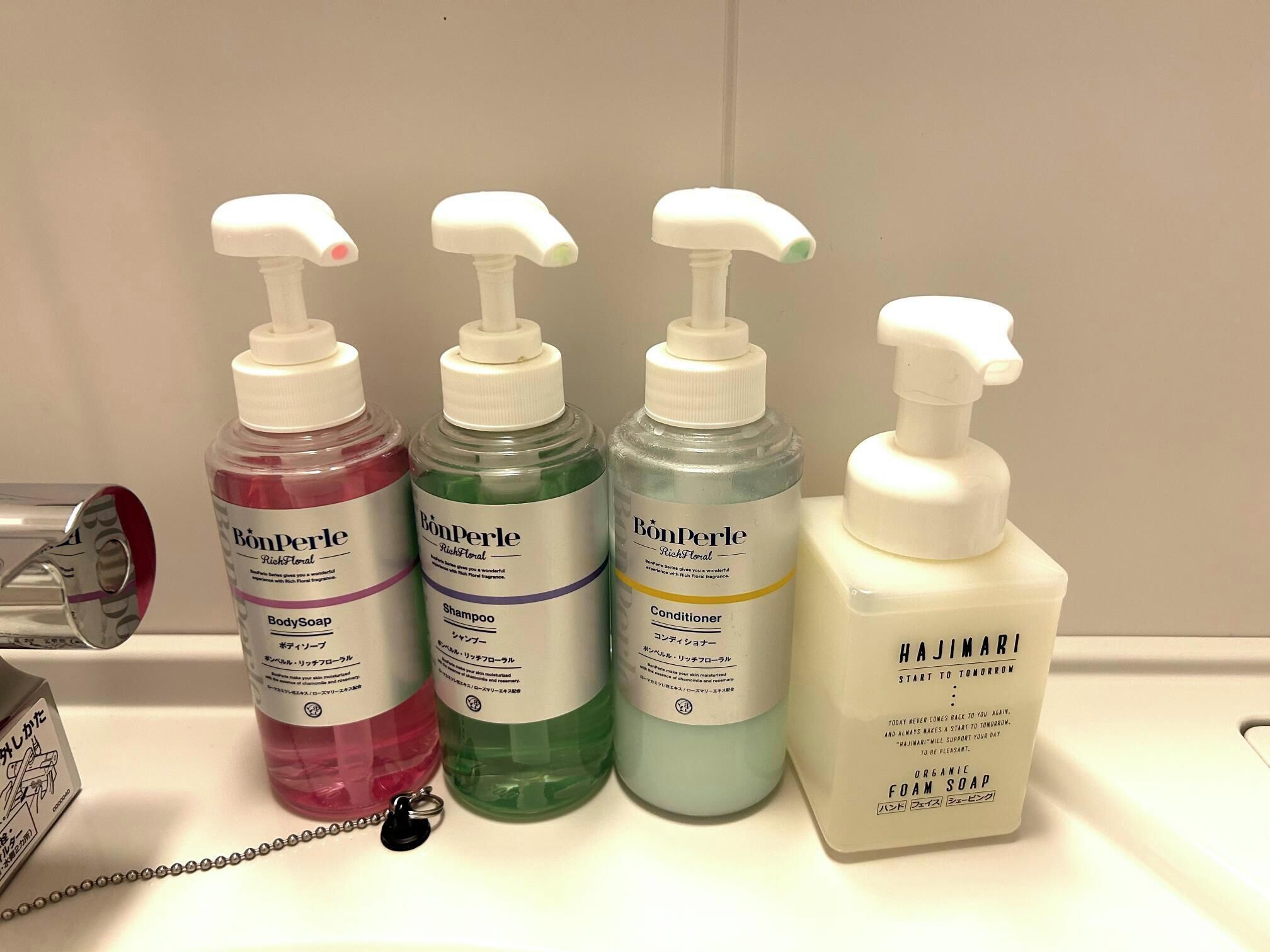 combined shower/bathtub, free toiletries, hair dryer, slippers