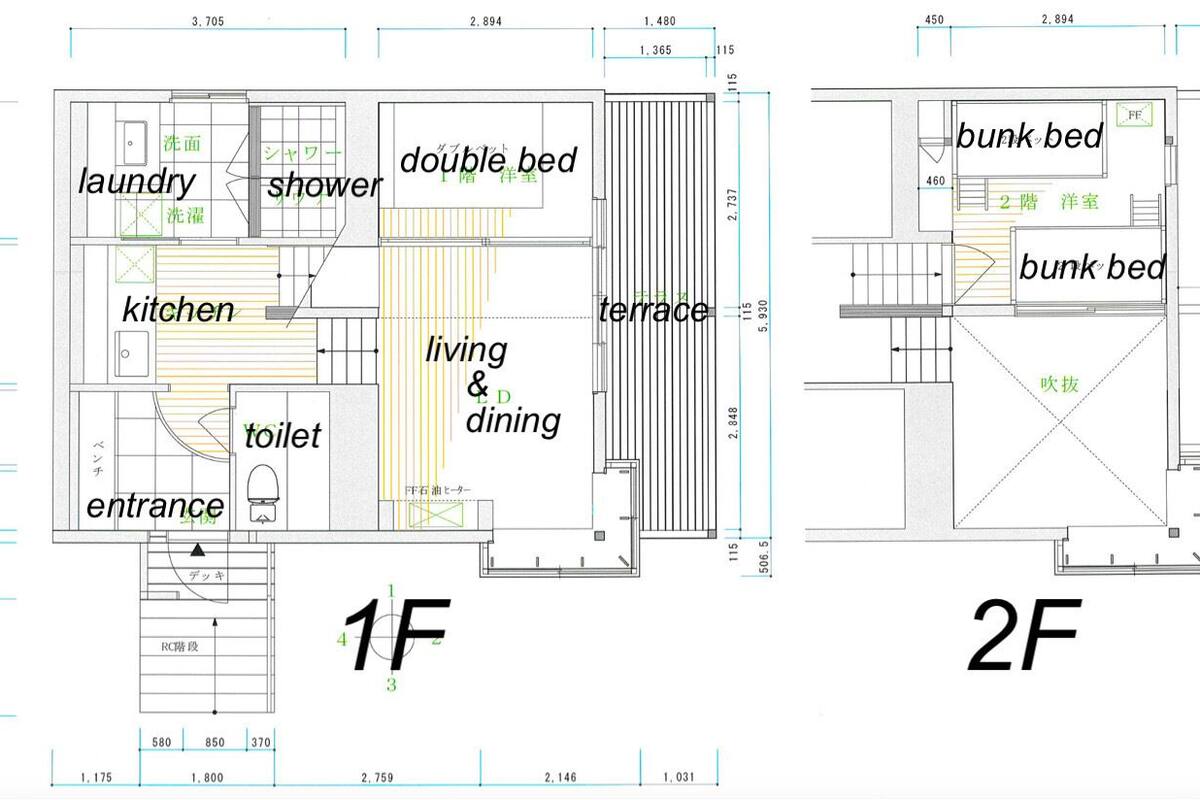 Plans d’étage d’un hôtel avec indication des différentes pièces, notamment une buanderie, une douche, un lit double, une cuisine, des toilettes, un salon-salle à manger et une terrasse.