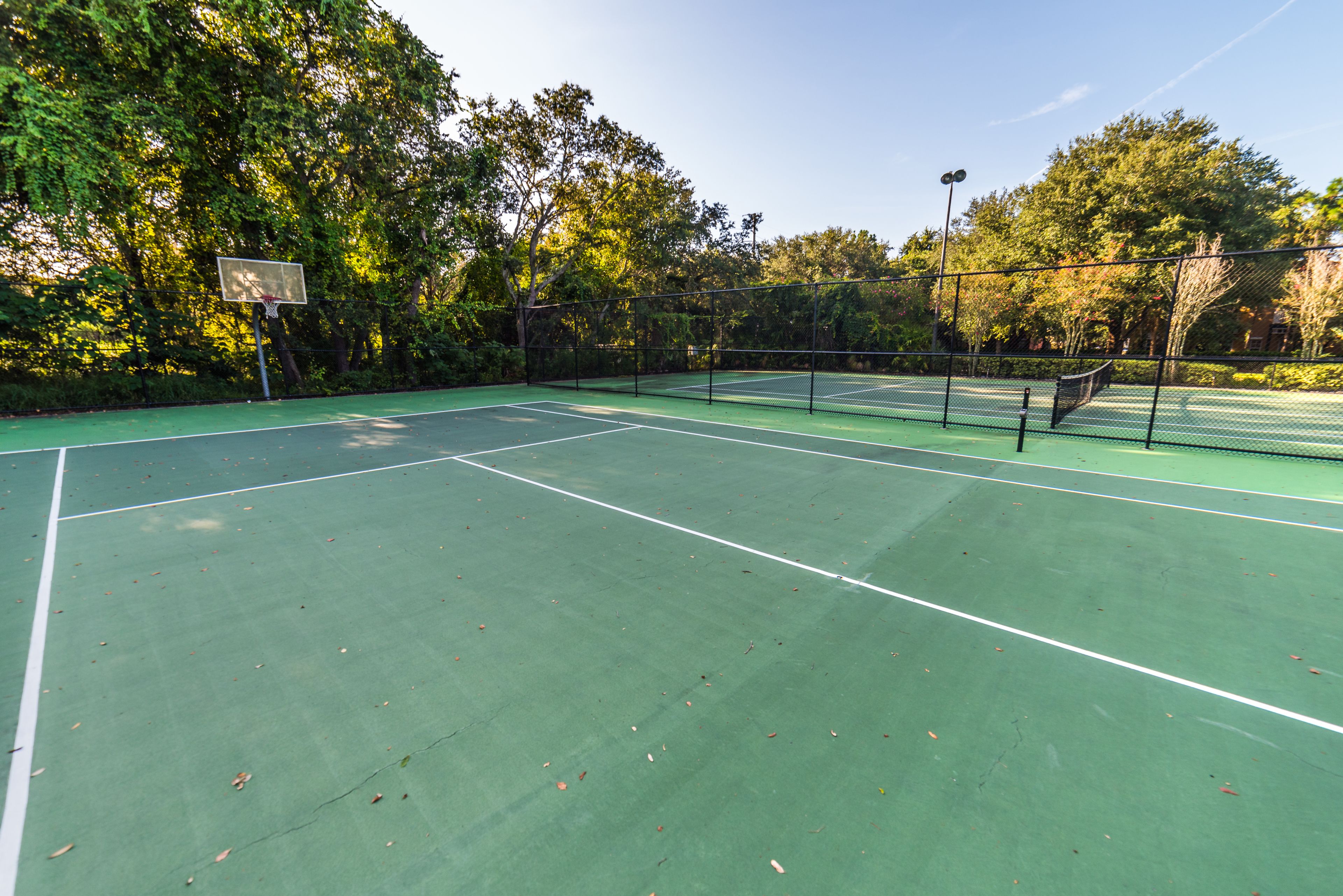 A tennis court with a net, surrounded by trees and a fence.