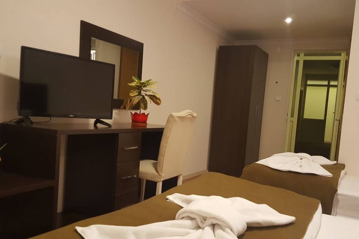 Habitació d'hotel amb un llit, una taula de treball amb un ordinador, una cadira, una planta en test i un mirall.