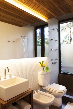 Une salle de bain moderne dotée d’un grand lavabo, de toilettes, d’un bidet et d’un espace douche.