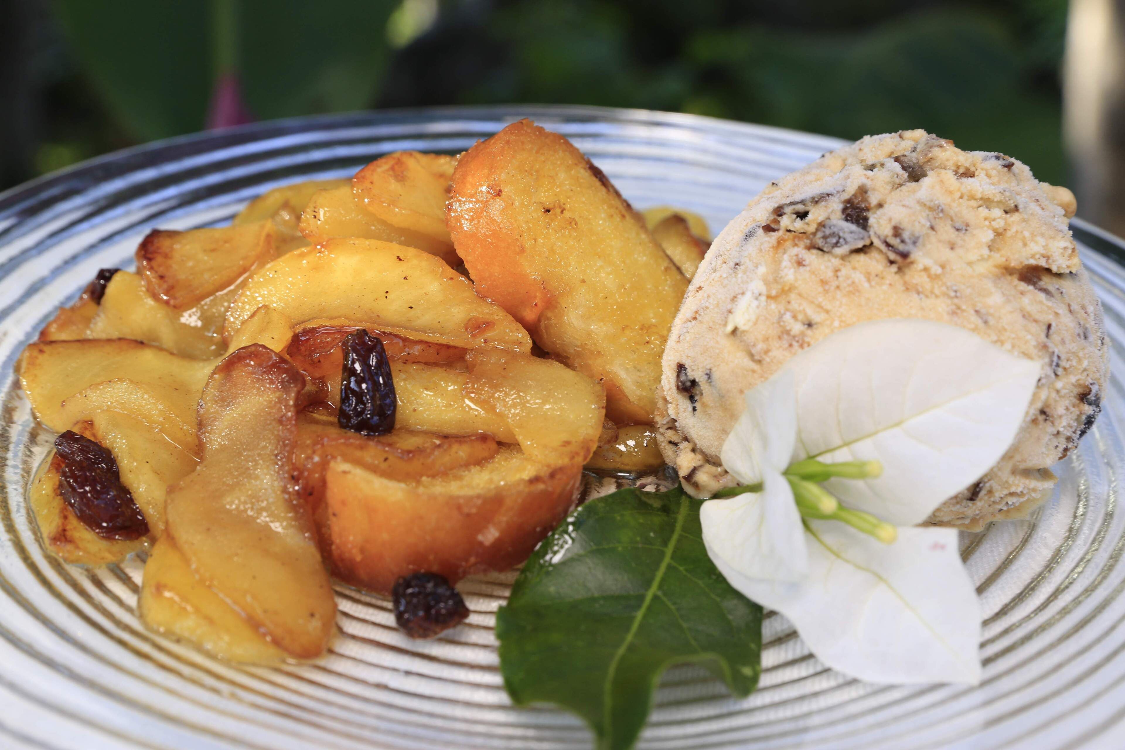 A plate with sliced apples and a scoop of ice cream.