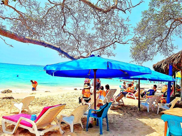 On the beach, white sand, beach bar