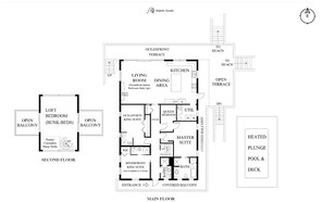 Et hotelplantegning, der viser en overdækket balkon, åben balkon og en opvarmet pool.