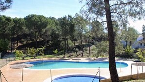 Una piscina rectangular con una solana alrededor, rodeada de árboles y una valla.