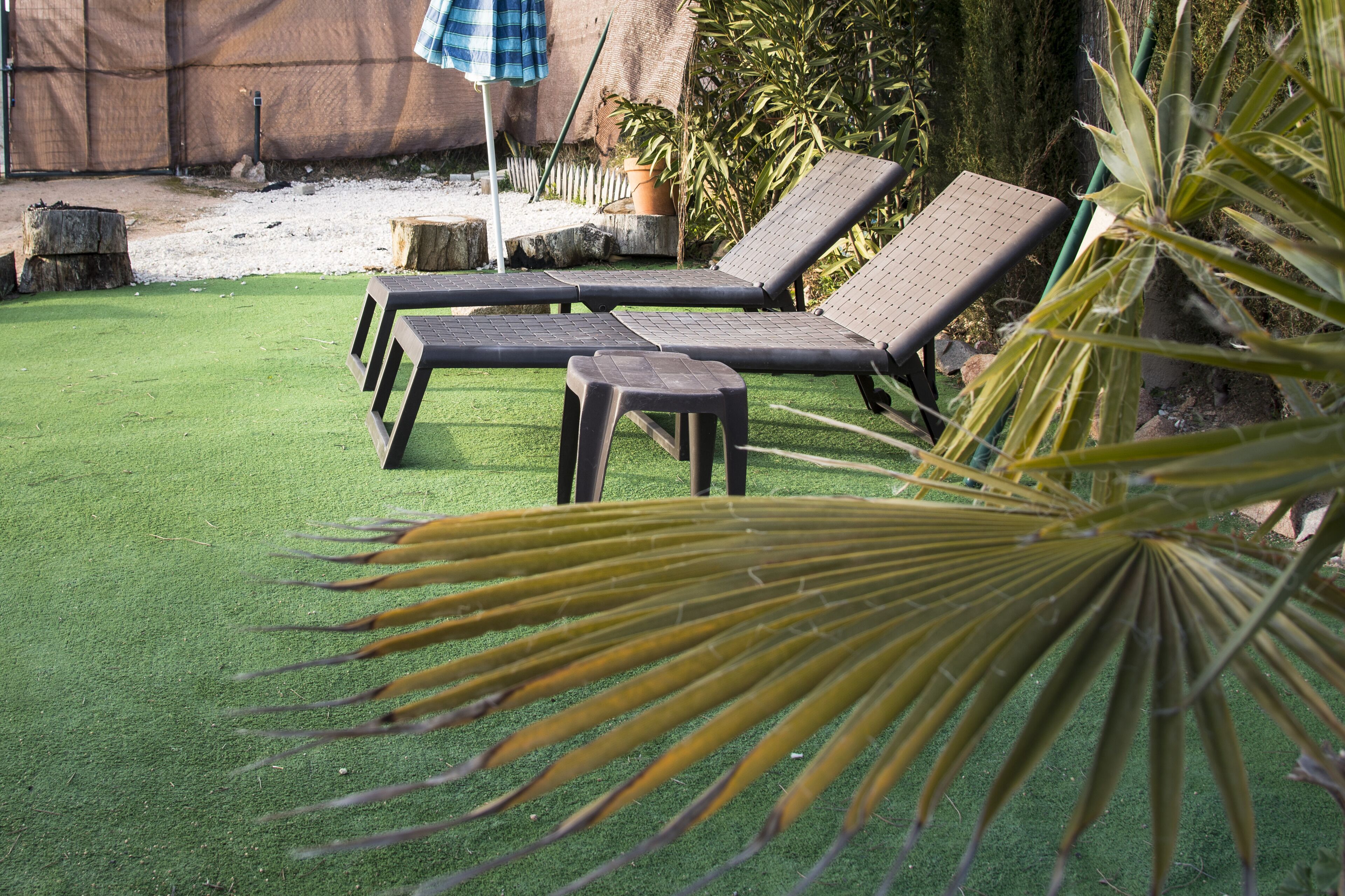 Una zona de hotel con césped artificial, sillones de descanso y una pequeña mesa.