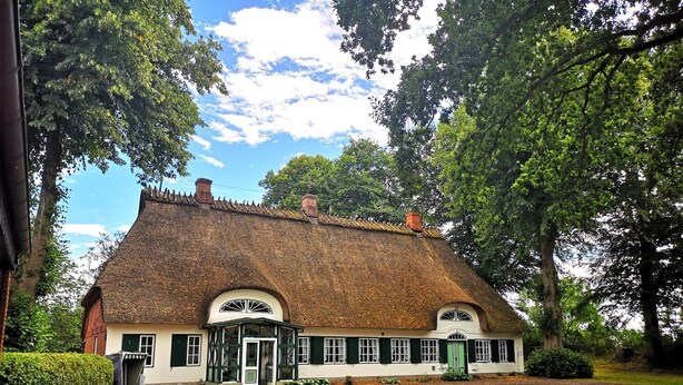 A traditional house with a thatched roof, white walls, and green shutters.