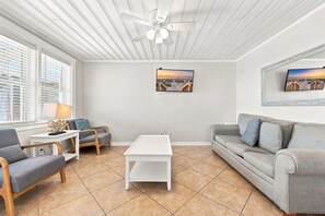 Un salon doté d’un ventilateur de plafond, de deux canapés, d’une table basse et d’un téléviseur fixé au mur.