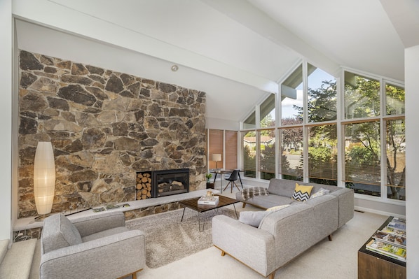Smart TV, fireplace, books, offices