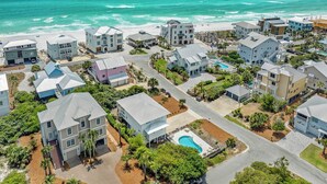 A coastal residential area with houses, a swimming pool, and a beach. - Lone Star - Updated Gulf-View Home in Gulf Trace of Grayton Beach, Private Pool! (Gulf Trace)