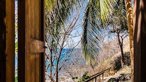 A wooden door leading to a pathway surrounded by palm trees and rocky terrain.