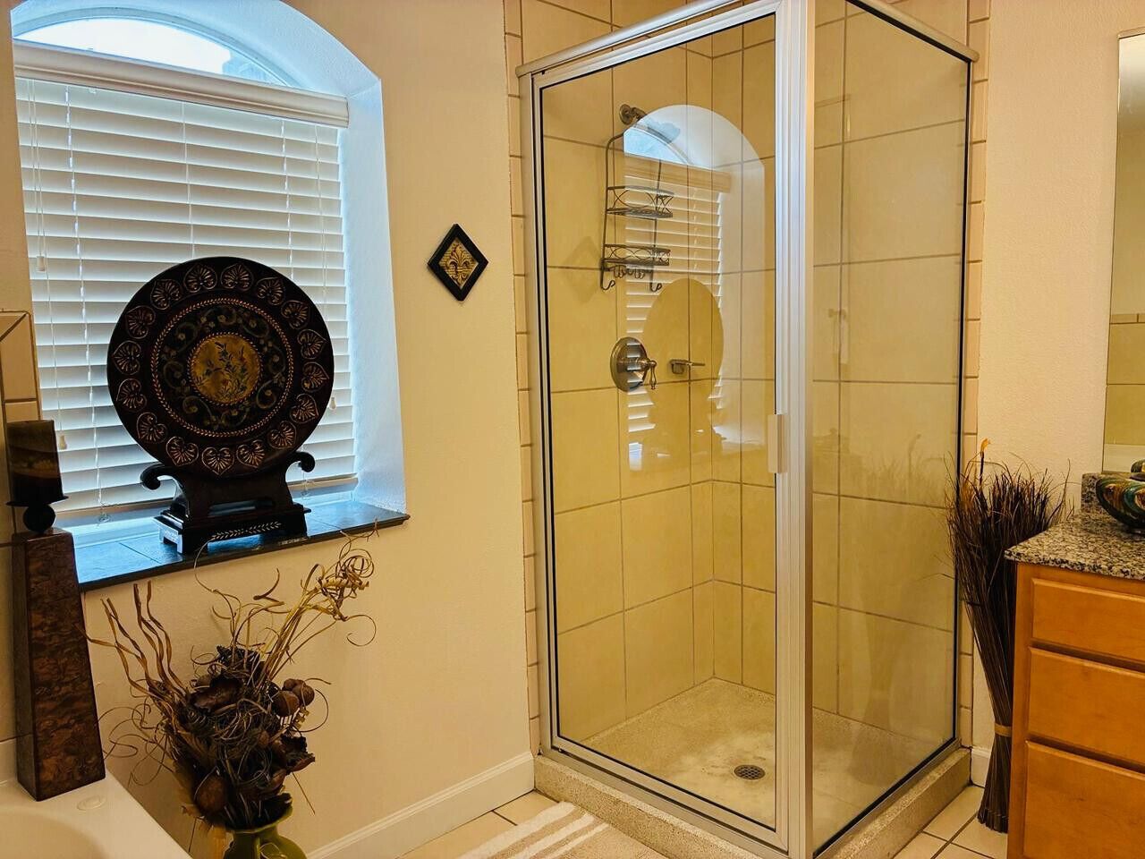 Une salle de bain avec une douche à parois de verre, une assiette décorative accrochée au mur et un vase contenant des plantes séchées.