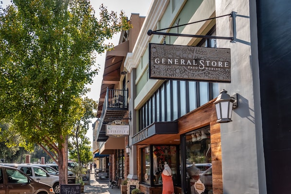 A street view with a building labeled "General Store" and "Pasco Robles" on the facade.