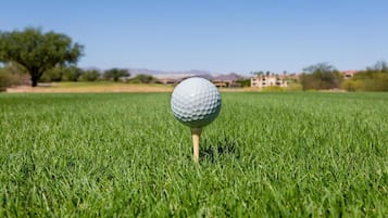 A golf ball on a tee in a grassy field with buildings in the background.
