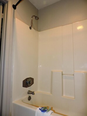 Combined shower/tub, free toiletries, hair dryer, towels