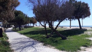 A paved pathway with trees and a view of the sea. - Tahiti- Spacious, Private Parking, Terrace with Sunbeds, 300 meters Beach (Quarteira)