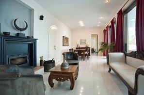Smart TV, fireplace, books