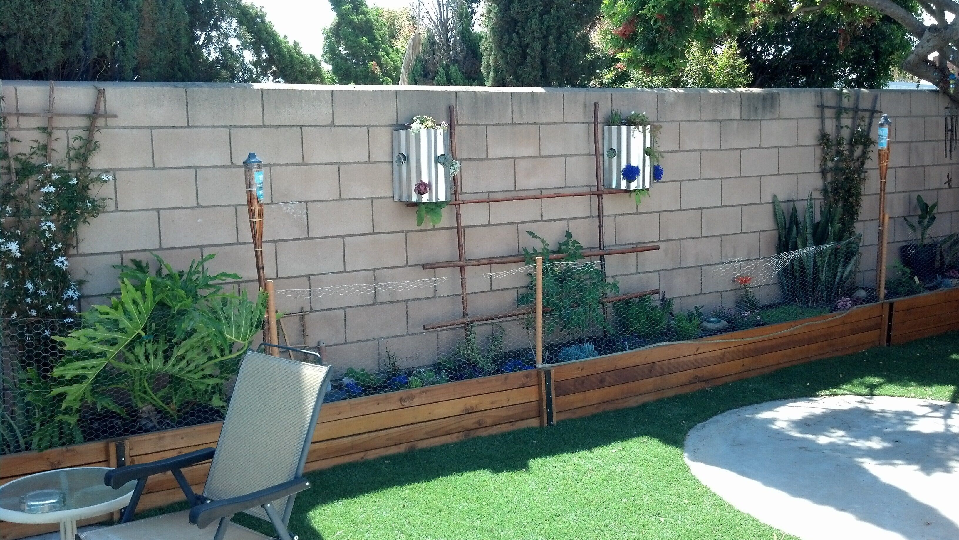 A garden with a brick wall, wooden trellis, and various plants.