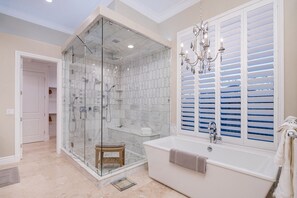 Combined shower/bathtub, jetted bath, hair dryer, towels